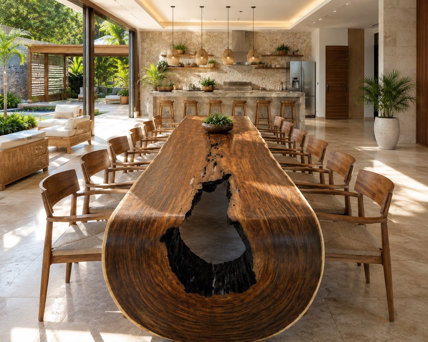 Mesa de jantar em madeira maciça com bordas orgânicas em ambiente sofisticado