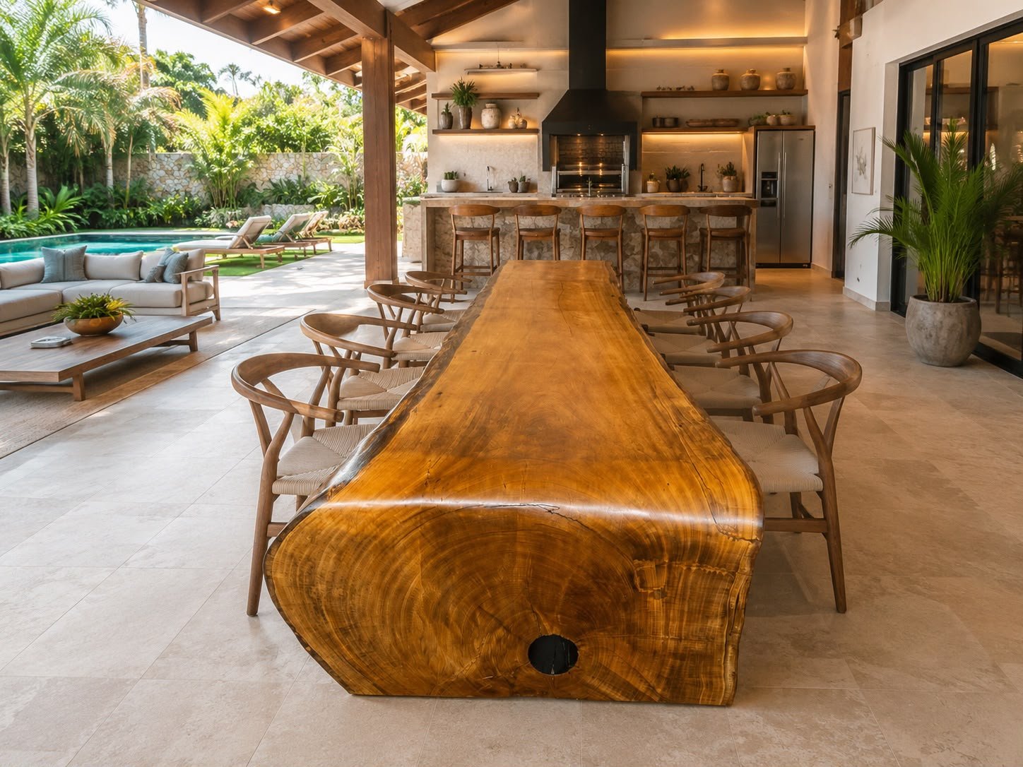 Mesa de madeira maciça em ambiente com lareira